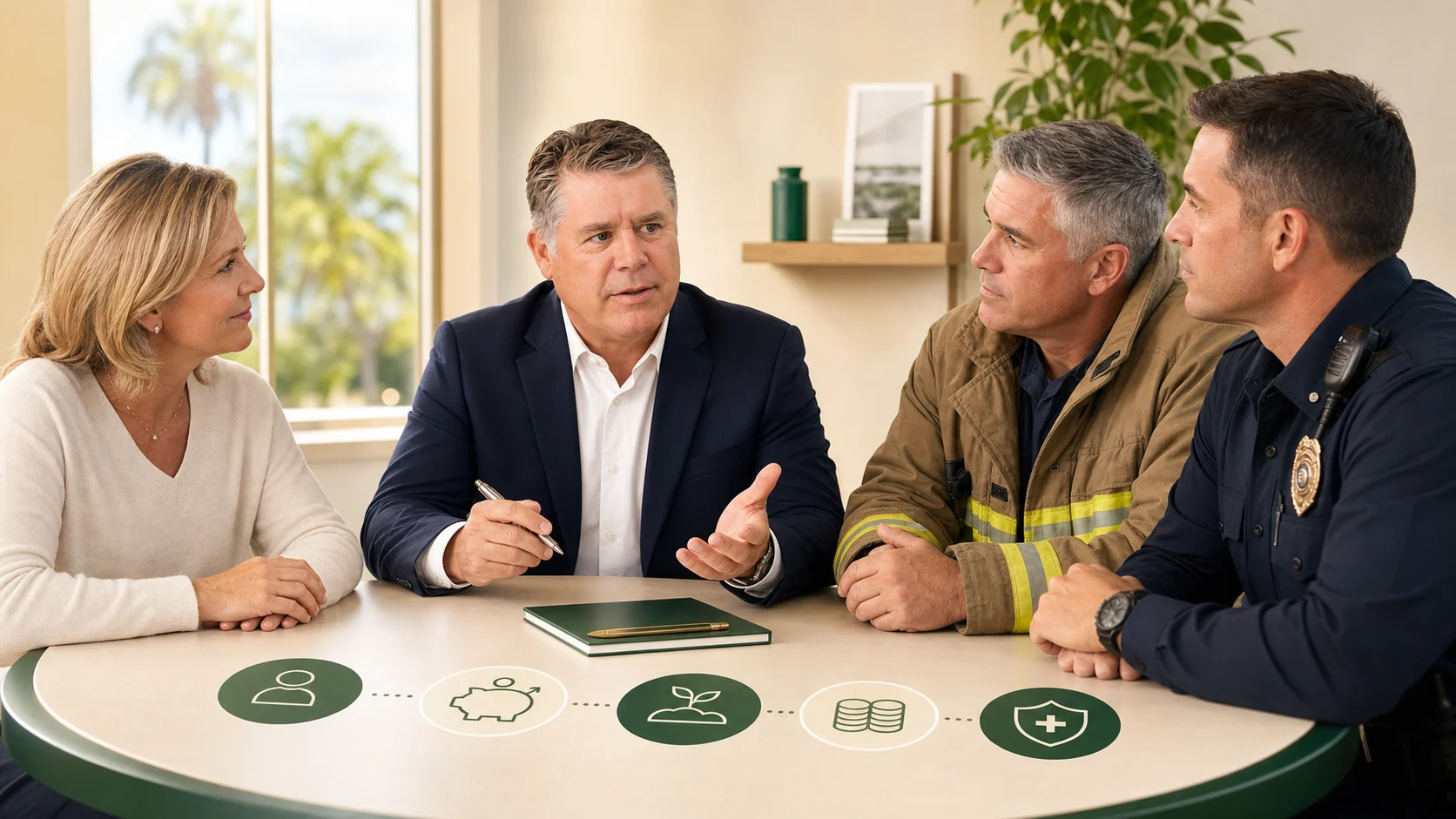 Conceptual illustration of Terry Martine meeting with fictional Florida teacher, firefighter, and police officer clients