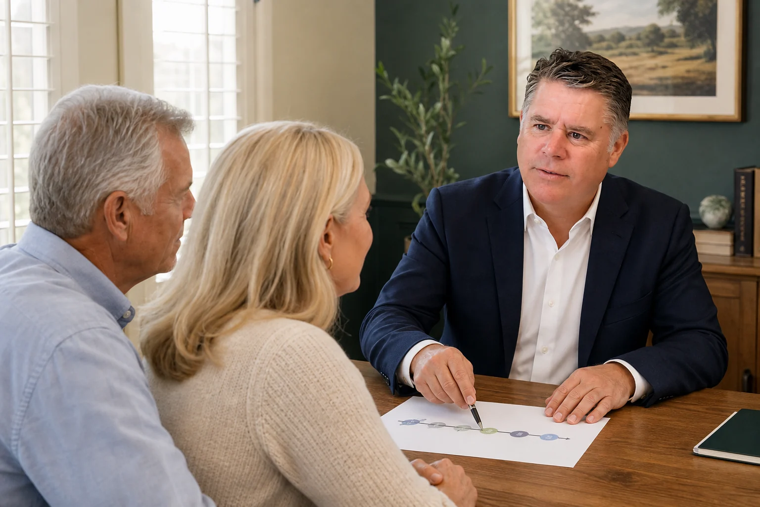 Conceptual illustration of Terry Martine discussing retirement planning with a fictional couple